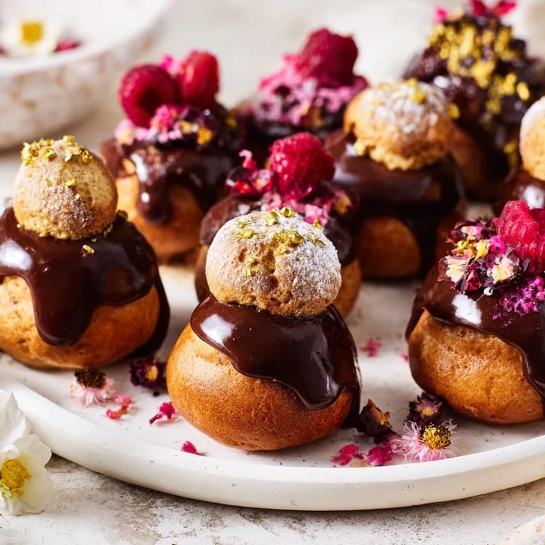 Adorable French Piste de Train Mignardises, showcasing delicate choux puffs and fruit tartlets artistically displayed.