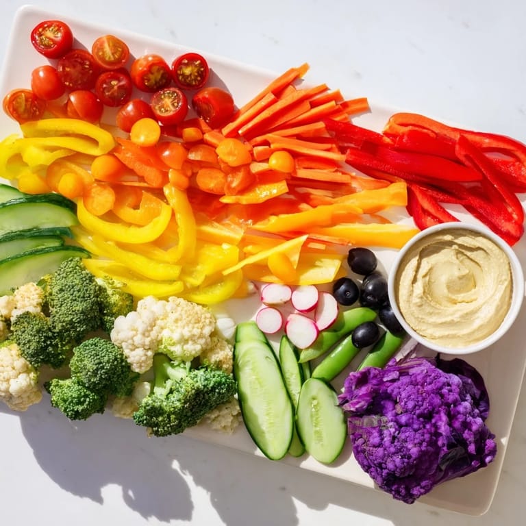 A gorgeous Colorful Vegetable Rainbow Board displaying crisp red, orange, yellow, green, and purple produce ready to eat.