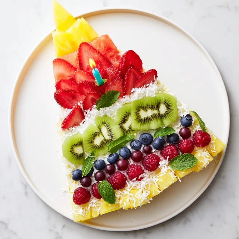 Festive Birthday Board visually: a healthy fruit platter shaped like cake, with colorful sections for everyone to enjoy.