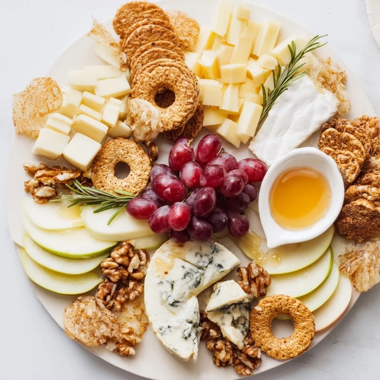 Explore the flavors: a Cheese Plate complete with cracker rings, fruit, and an array of delicious cheeses.