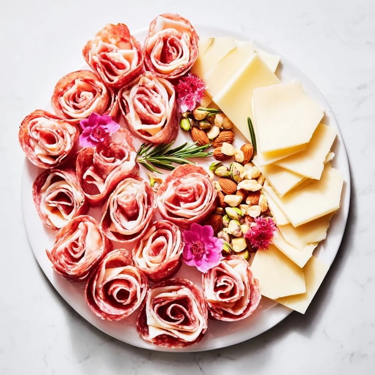 Artisan cheeses and cured meats form intricate roses on this Meat and Cheese Rose Garden platter.