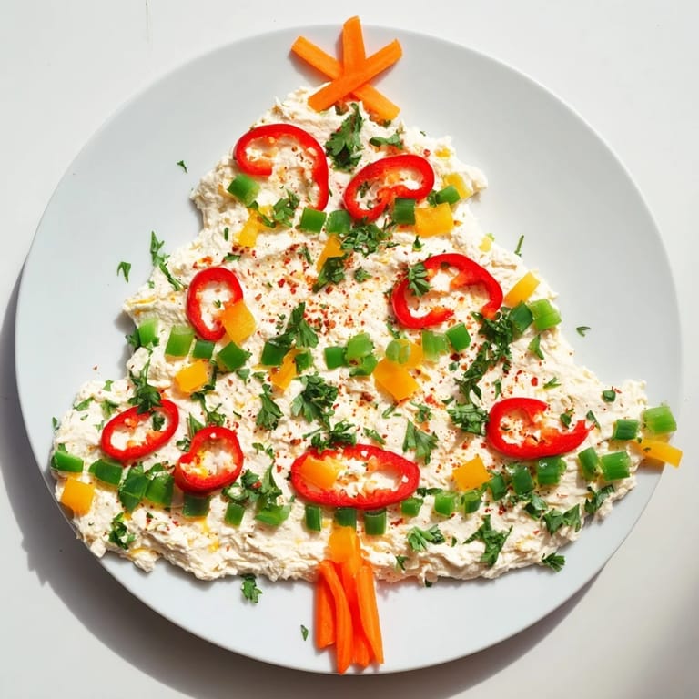 Vibrant Chili Pepper Christmas Tree Dip featuring cheese, herbs, and spicy chili pepper rings; a perfect appetizer.
