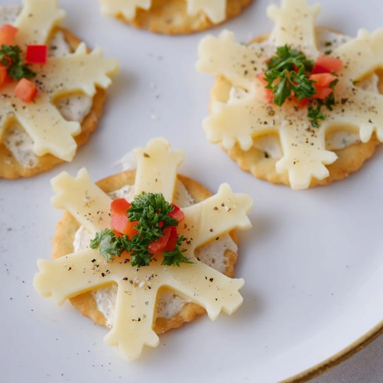 Eye-catching shot of the festive savory bites: Cracker and cheese snowflake appetizers garnished with fresh herbs.