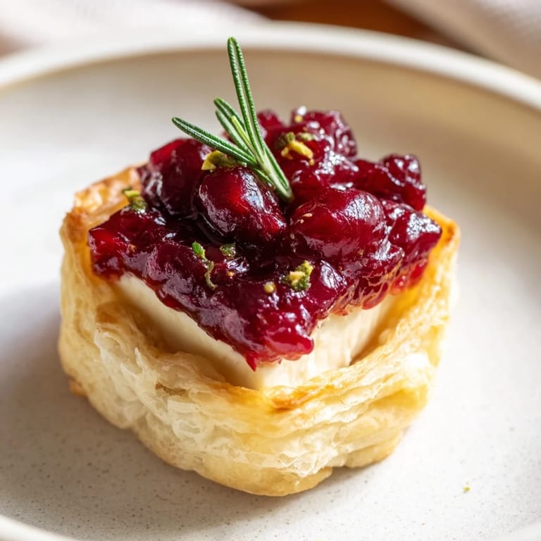 A close-up of a delightful Mini Cranberry Brie Tart Wreath with a dusting of fresh herbs, perfect for holiday eating.