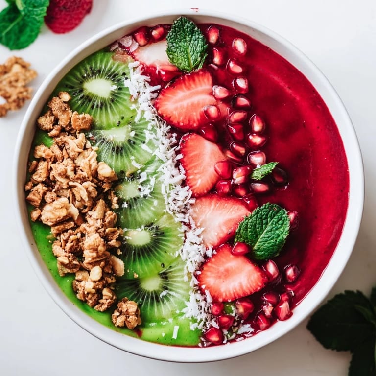Vibrant Festive red and green smoothie bowls showcasing red berry and green spinach layers, ready to eat.