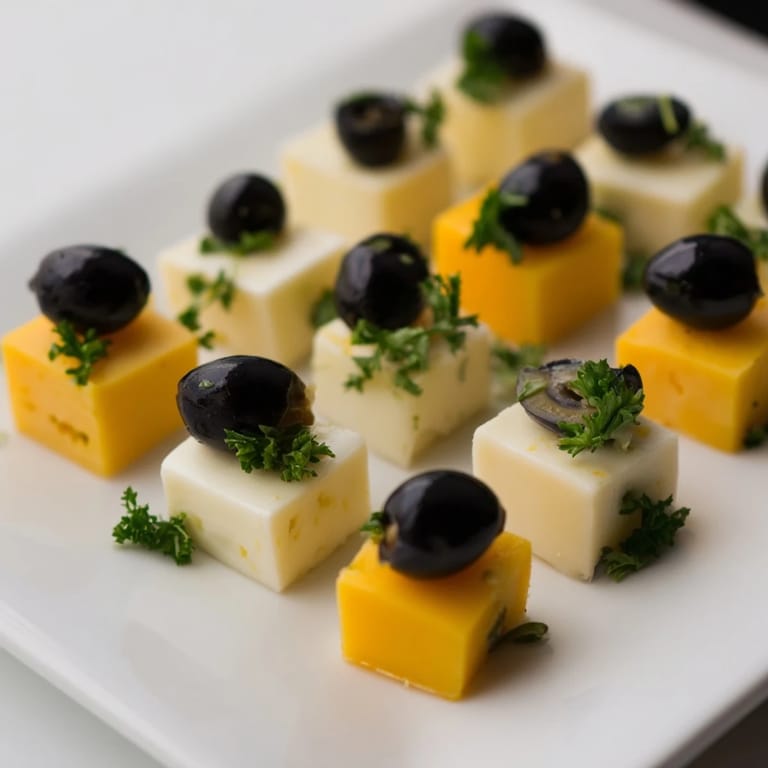 This Cheese and Olive Chess Board appetizer displays a beautiful array of cheese and olives, ready to serve.