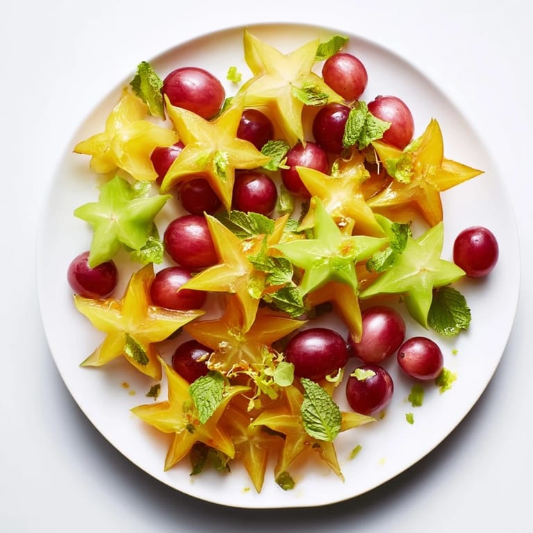 Colorful starfruit and grapes served as a refreshing, light, and healthy brunch fruit recipe.