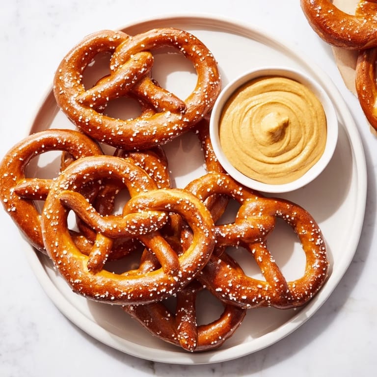A close-up shot of pretzel rods with a vibrant, flavorful hot mustard dipping sauce, ideal for sharing.