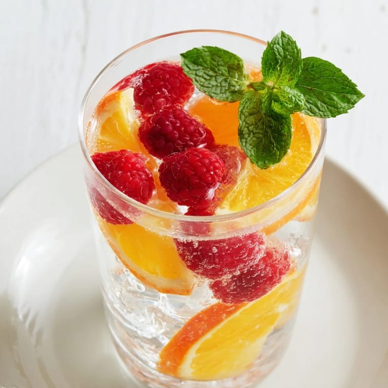 Vivid image of Sparkling Juice with Raspberries, chilled, sparkling, and overflowing with fresh fruit.