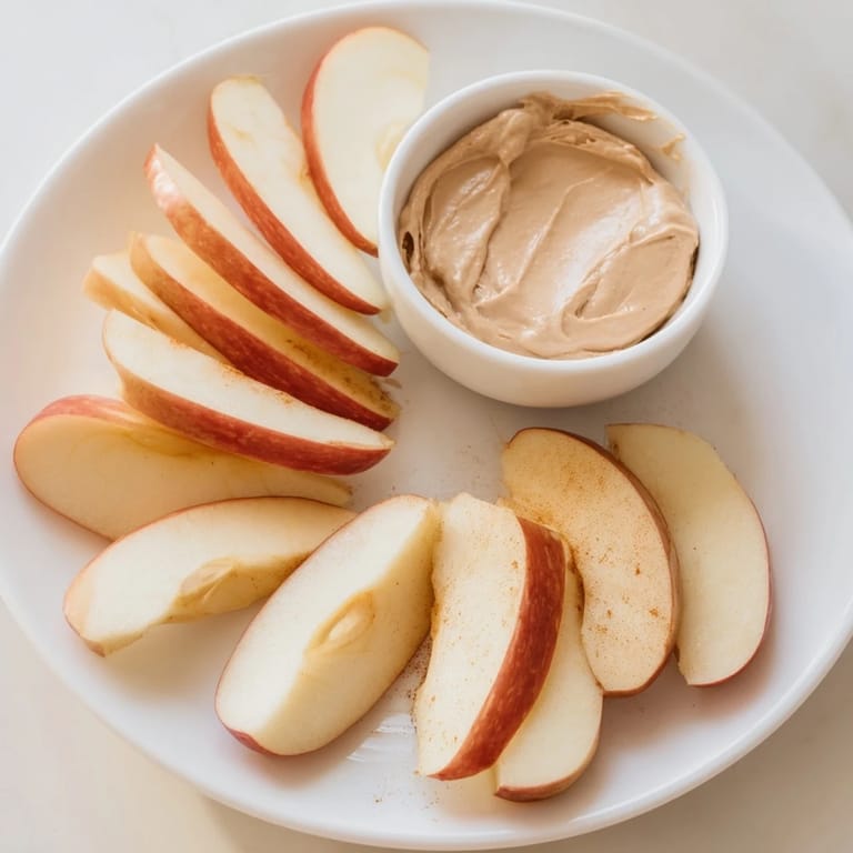 Vibrant image of healthy apple slices alongside a small bowl of rich peanut butter dip.