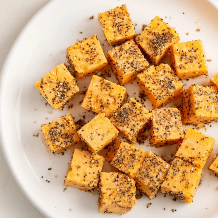 Close-up of everything bagel seasoning cheese cubes; bite-sized and incredibly savory, perfect for sharing.