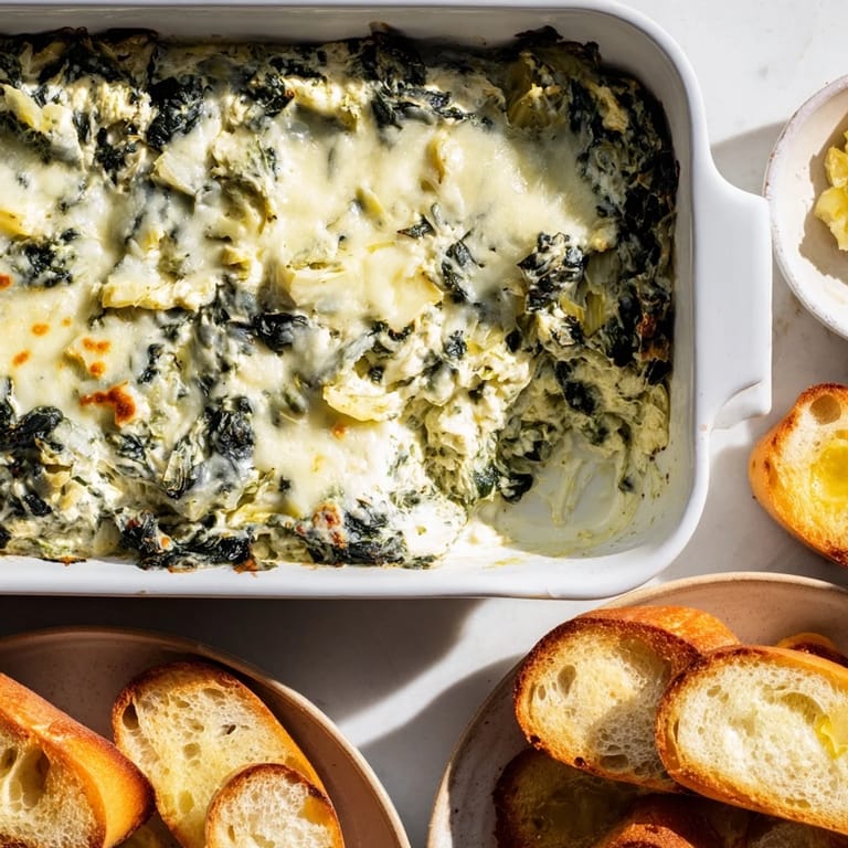 A close-up of Spinach Artichoke Dip, showcasing the creamy cheese blend and hearty artichoke pieces.