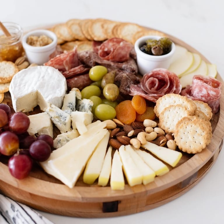 A luxurious Elegant Gilded Edge appetizer spread featuring artfully arranged cheeses, meats, and fresh elements.