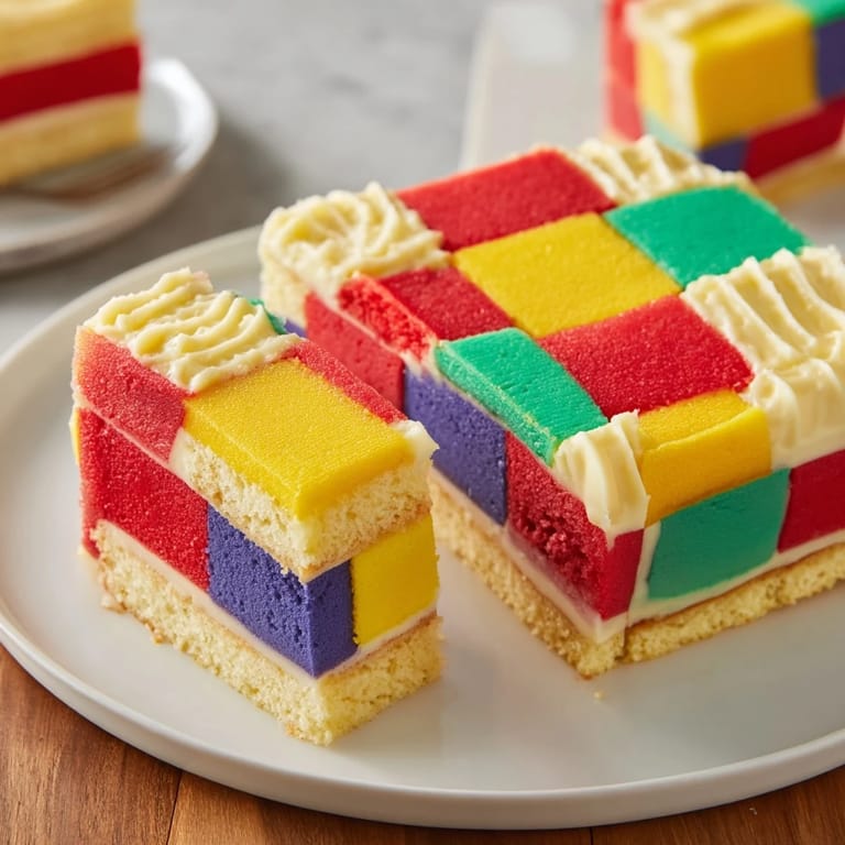 The layered Cozy Quilt Patchwork Cake features vibrant, precisely cut sponge squares frosted with fluffy buttercream.