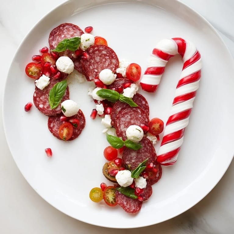 A delicious Candy Cane Zigzag appetizer, showcasing cheese, meats, and colorful garnishes arranged beautifully on a board.