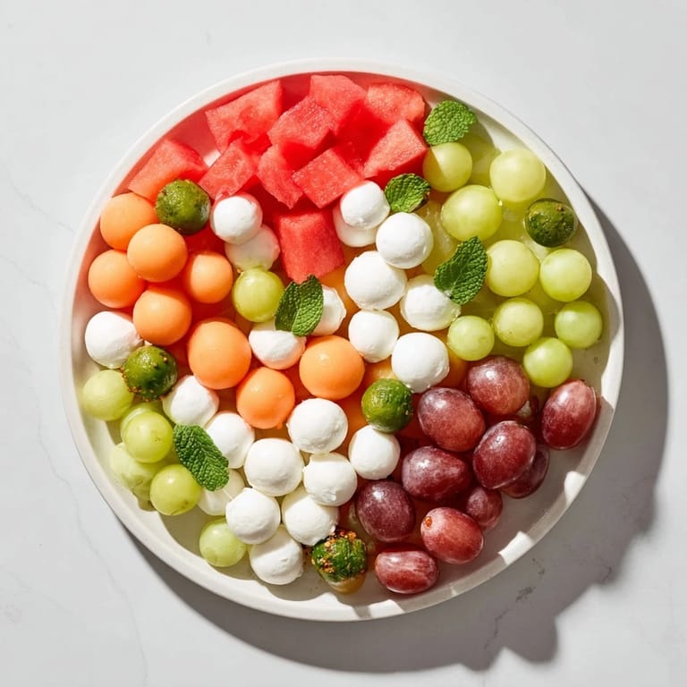 A visually stunning Polka Dot Platter, a rainbow of fruit, cheese, and olive spheres, ready to enjoy.