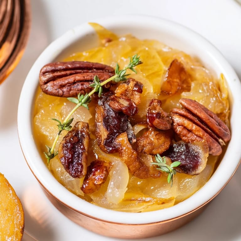 Rustic Copper Kettle appetizer in a copper ramekin, showcasing golden caramelized onions with toasted pecans.