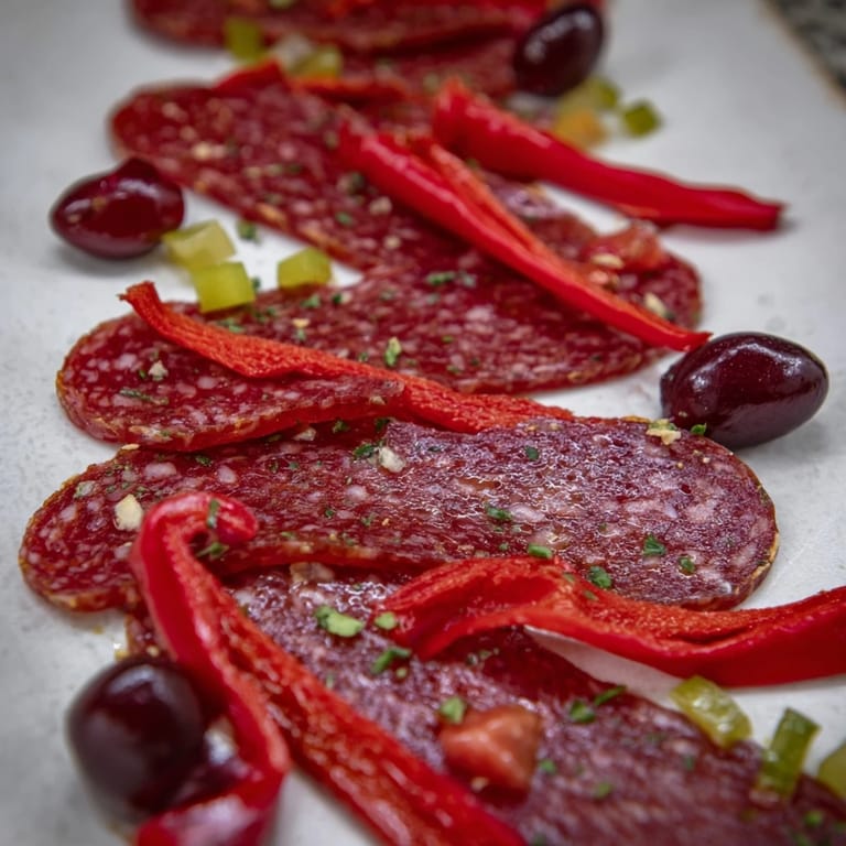 Savory Crimson Tide appetizer with chorizo, roasted peppers, and cherries, ready to serve on white crackers.