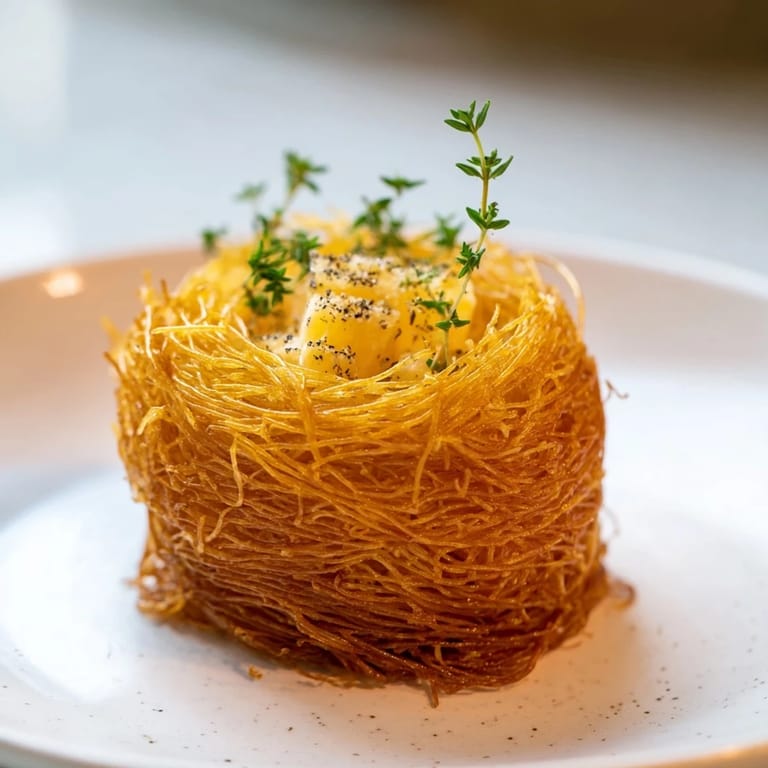 A close-up shot of The Rustic Barnyard: golden phyllo “hay” and chunks of artisanal cheeses, a delicious appetizer.