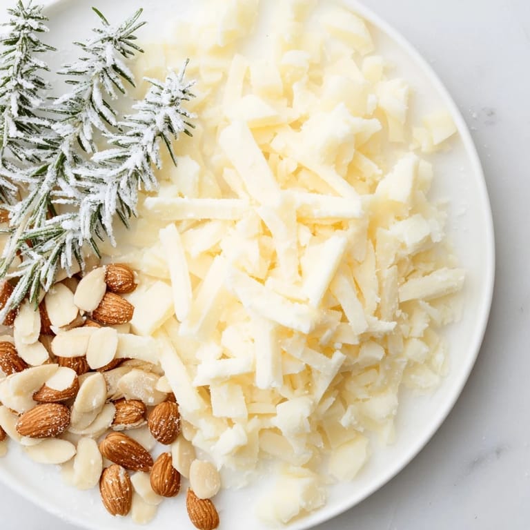 Festive "Frosted Pine" cheese board with snowy white cheddar and sugared winter rosemary sprigs.