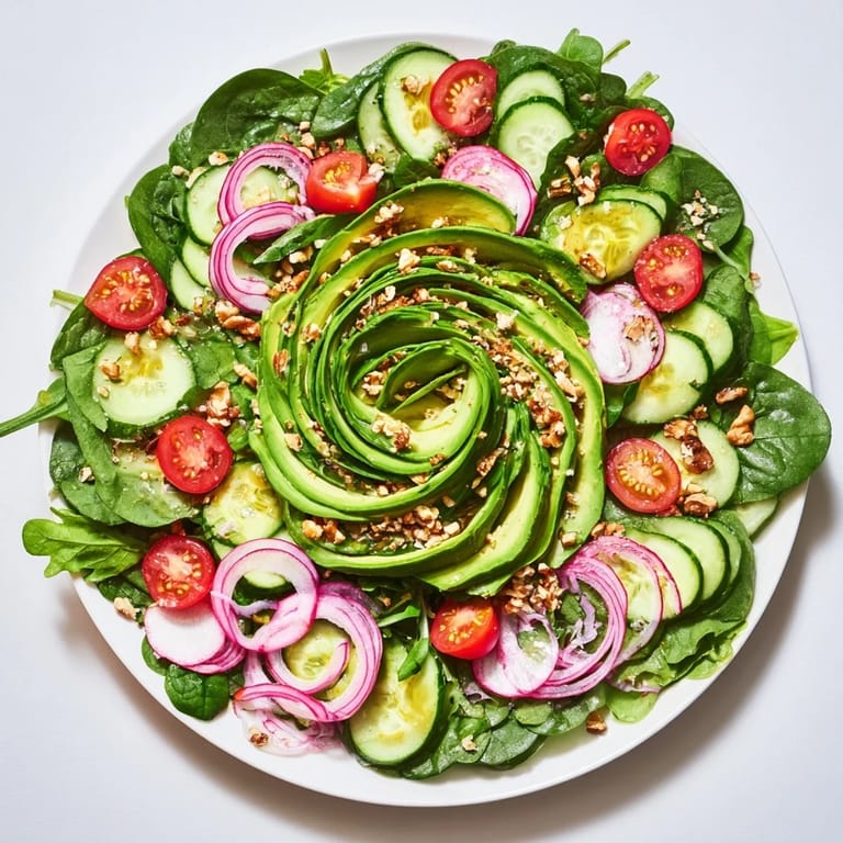 A gorgeous overhead shot: the colorful Fibonacci Fan Salad with feta and walnuts, ready to enjoy.
