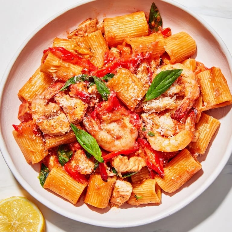 Flavorful One-Pot Diavola Pasta with Shrimp, garnished with fresh basil, ready to eat.