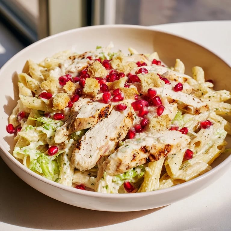 This Chicken Caesar Pasta features grilled chicken, penne pasta, and a zesty Caesar dressing, beautifully topped with pomegranate.