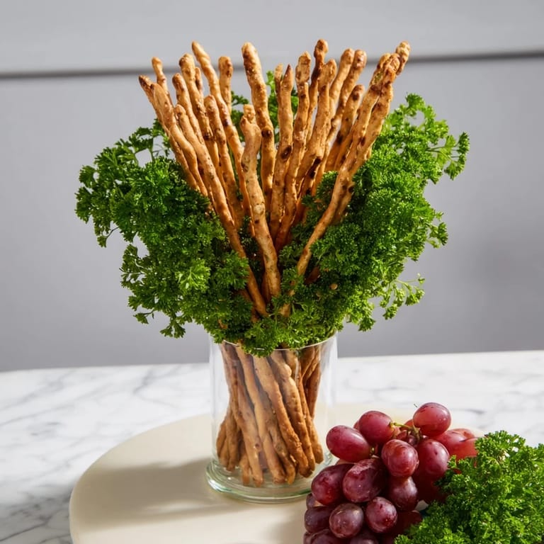 Edible The Vertical Forest centerpiece: breadsticks rise from jars, accented by grapes and verdant parsley.
