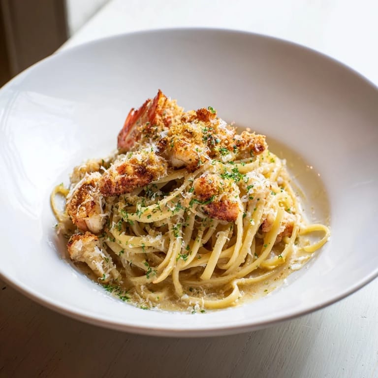 Golden-crusted Lemon Brûlée Chicken atop a bed of pasta, showcasing a bright and creamy sauce.