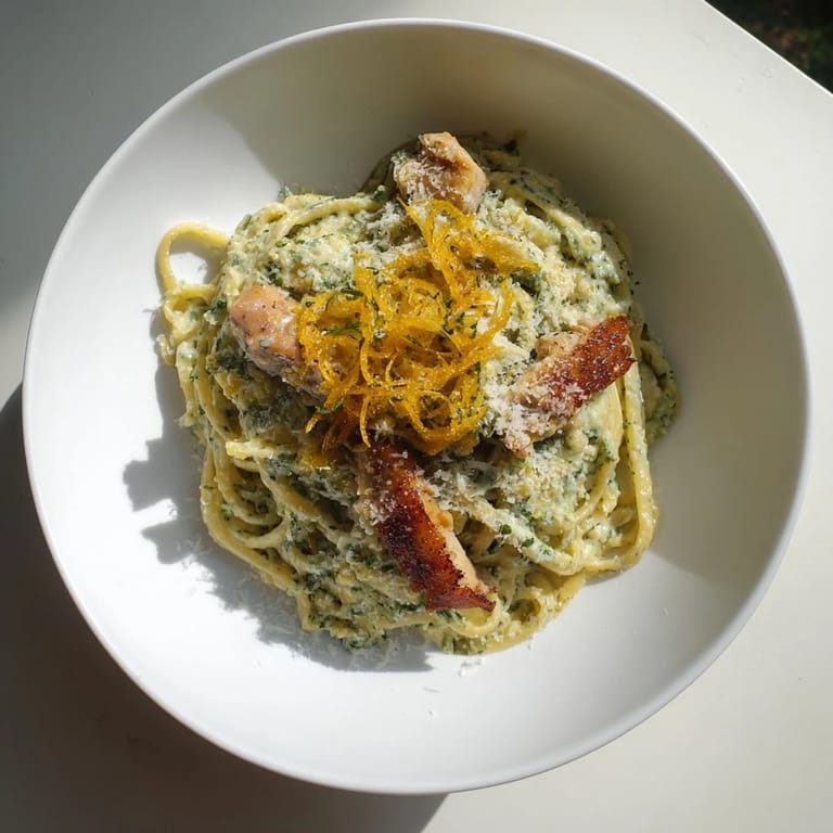 Close-up of Pasta with Lemon Brûlée Chicken, highlighting the tender chicken and fresh parsley garnish.