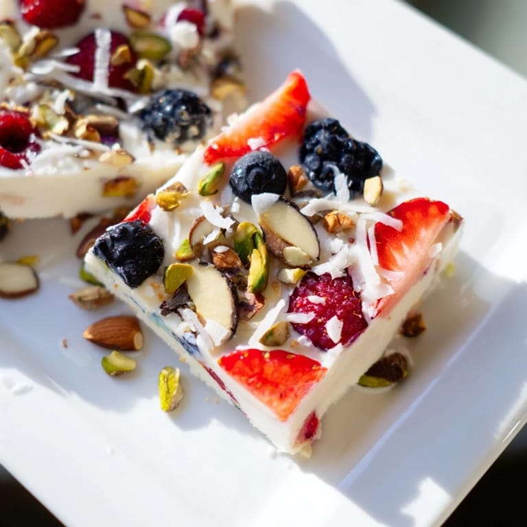 Cool, refreshing berry yogurt bark, ready to break into colorful, delicious snack pieces.