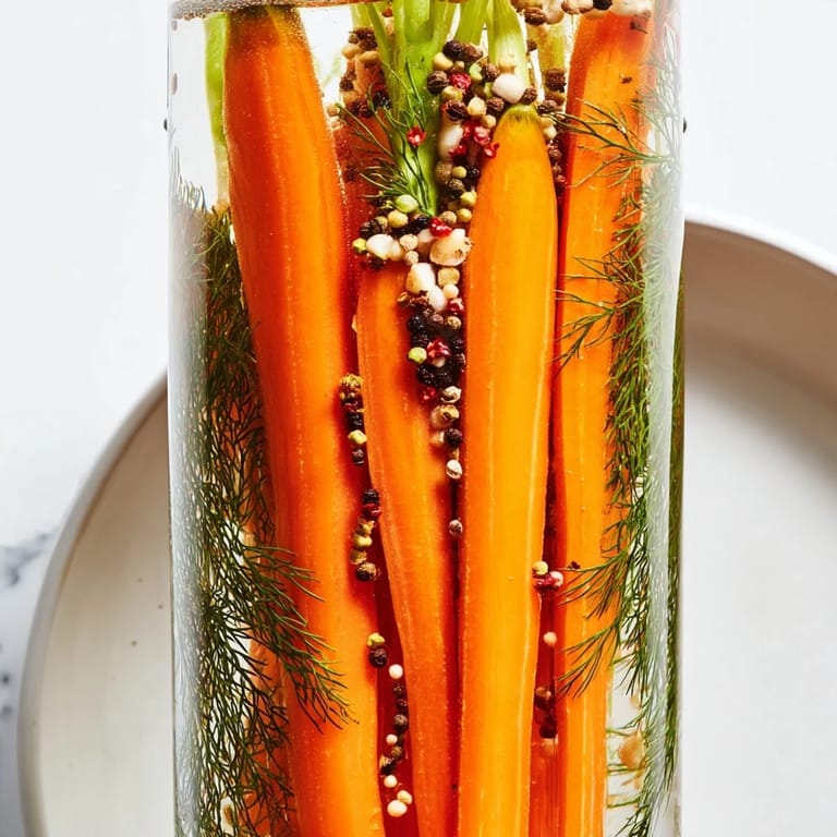 Quick Pickled Carrot Spears arranged in a jar, highlighting the spicy garlic and dill for flavor.