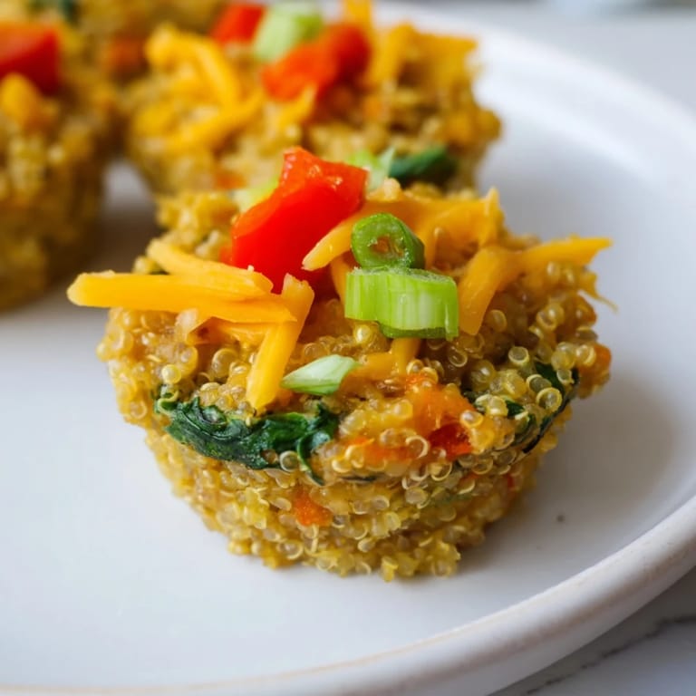 These flavorful Baked Cheddar Quinoa Bites, with visible green onions and red pepper, are perfect for lunch.