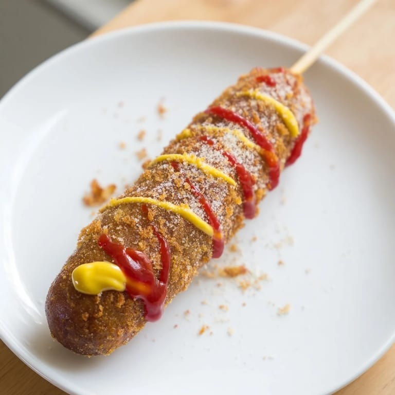 Perfectly golden Korean-inspired corn dogs: sweet pancake batter coating a juicy sausage, ready to eat.