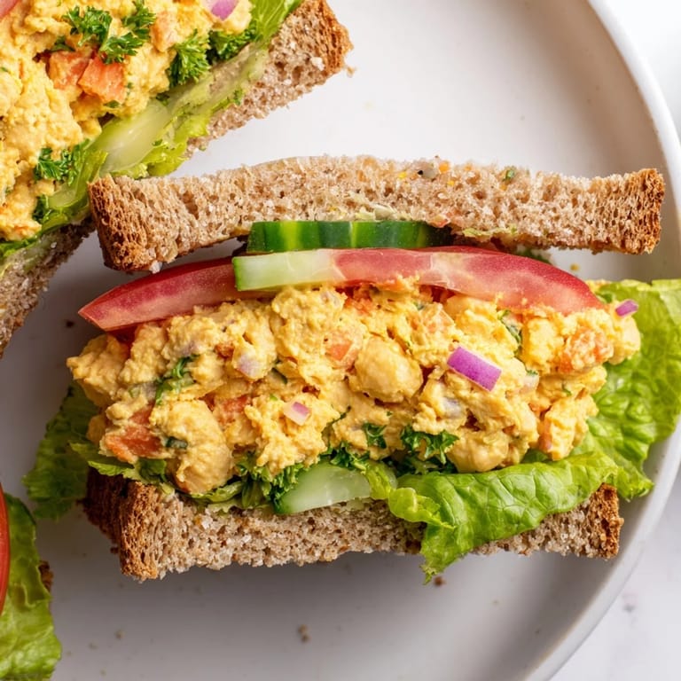 Perfectly assembled Easy Chickpea Salad Sandwich on whole-grain bread, ideal for a quick lunch.