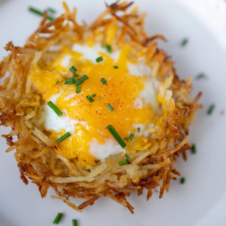 A close-up view of freshly baked Crispy Hashbrown Egg Nests ready for a delicious breakfast.
