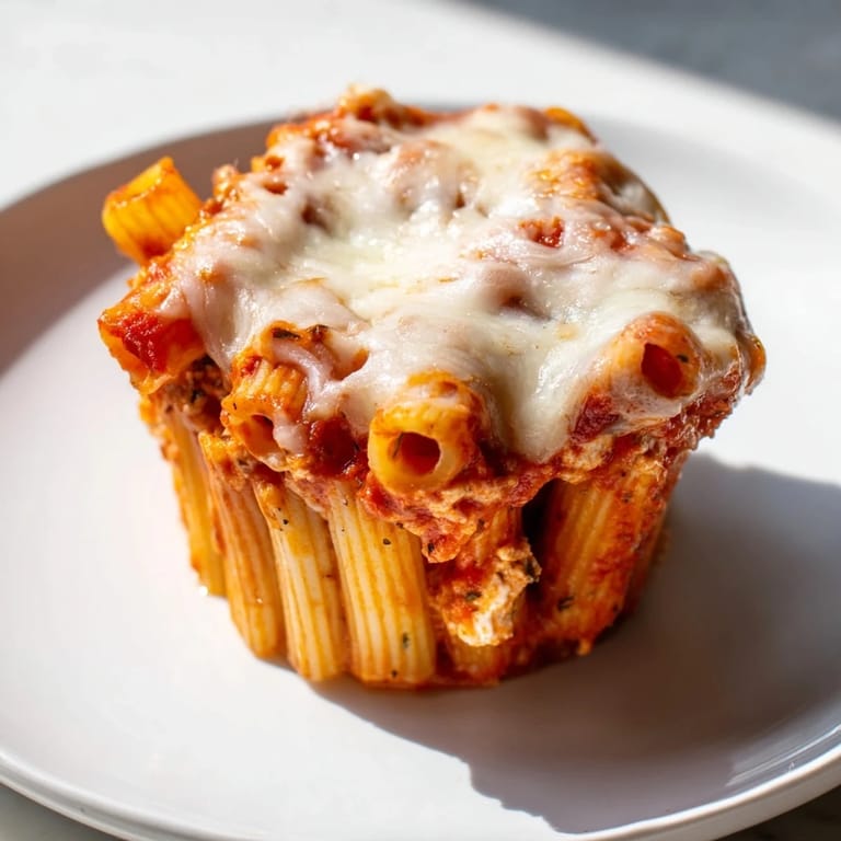 A close-up view of steaming, cheesy Baked Ziti Cups showcasing a delicious Italian meal ready to eat.
