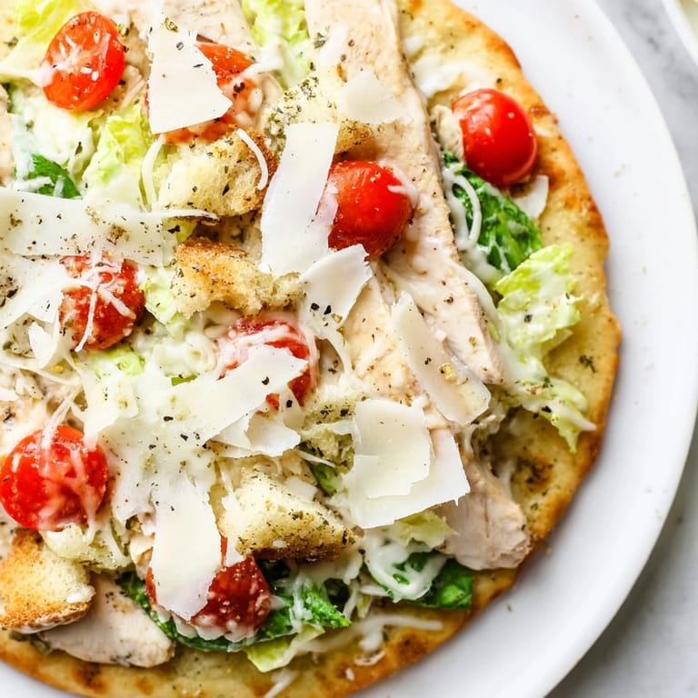 A close-up of a crispy Chicken Caesar Flatbread featuring grilled chicken and creamy Caesar dressing.