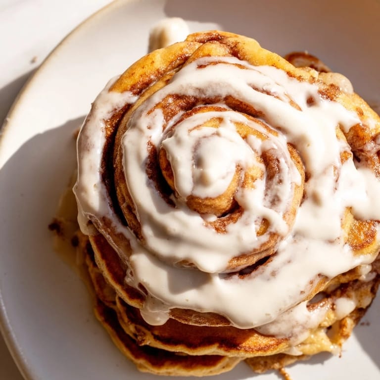 Golden brown cinnamon roll pancakes with a swirl of cinnamon, perfect for brunch.