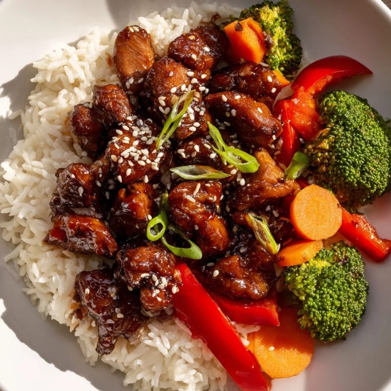 A vibrant bowl of teriyaki chicken rice, with colorful vegetables and sprinkled sesame seeds.