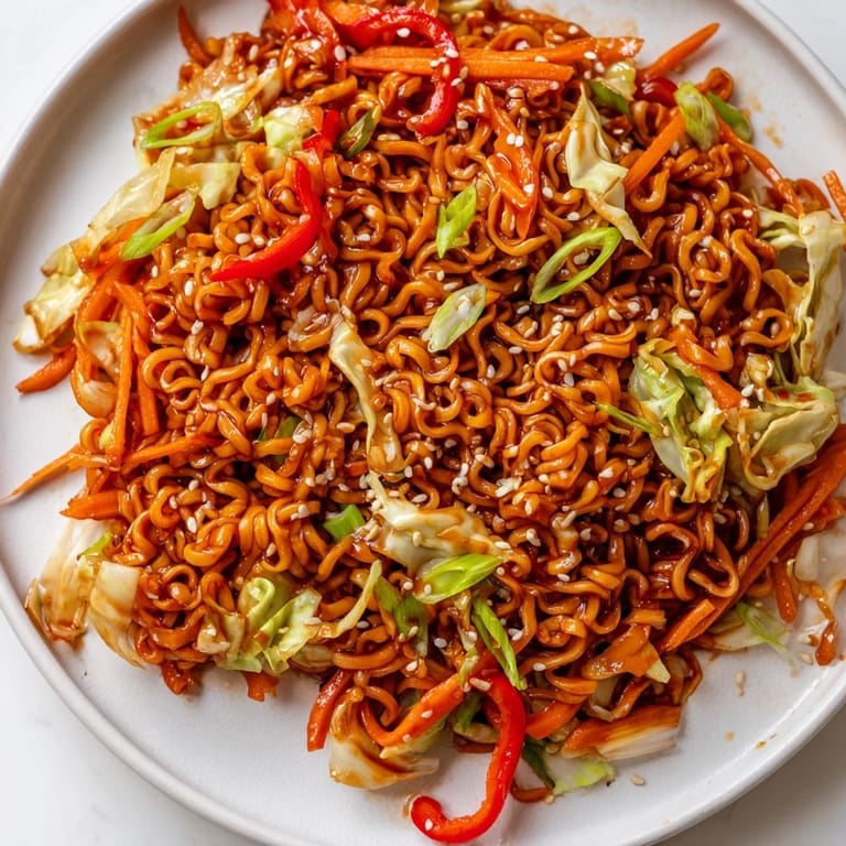 Close-up of a flavorful Spicy Ramen Stir Fry glistening, with sesame seeds and fresh green onions.