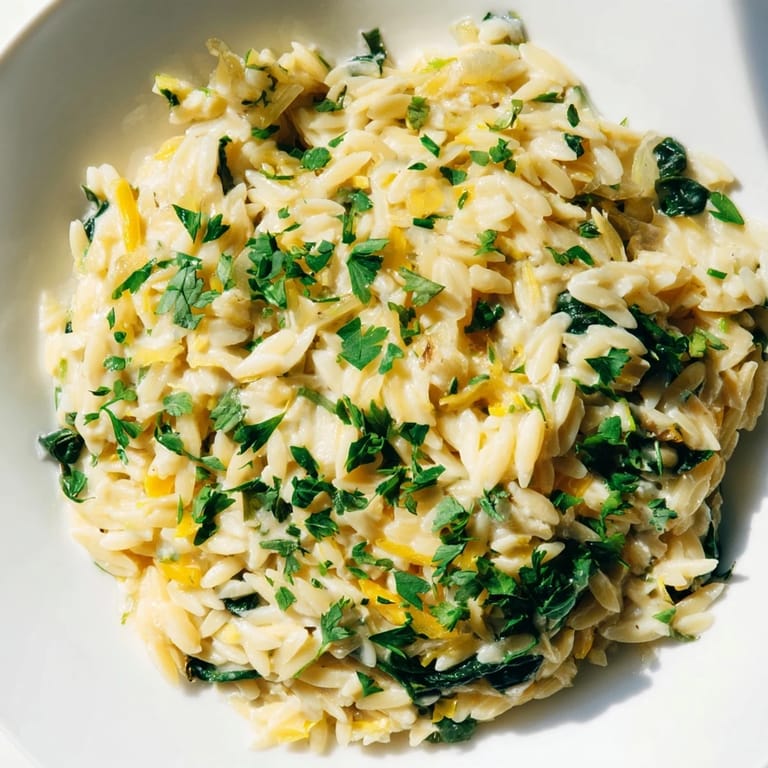 A satisfying dish: luscious one-pot creamy orzo with spinach and a sprinkle of red pepper flakes.