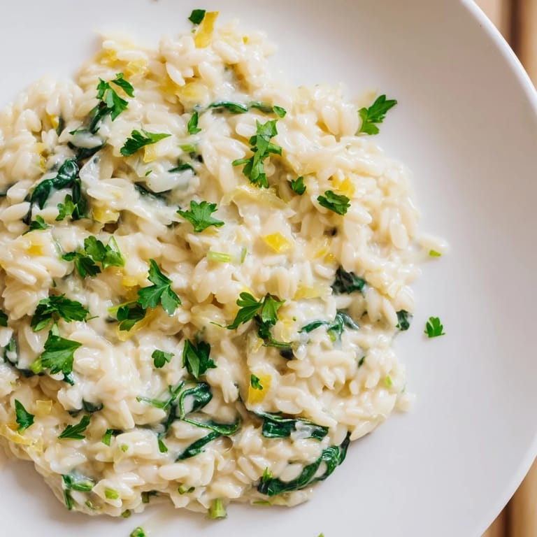 This vibrant photo shows a close-up of the delicious one-pot creamy orzo bubbling in a skillet.