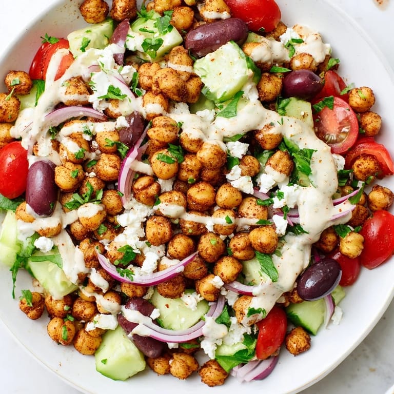Vibrant Mediterranean Chickpea Bowl: an appetizing vegan dish ready to eat, with crispy chickpeas and fresh flavors.
