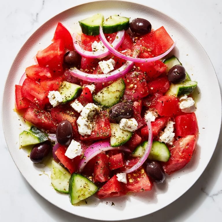 Tossed Mediterranean salad: a healthy dish with fresh cucumbers, olives, and crumbled feta cheese.