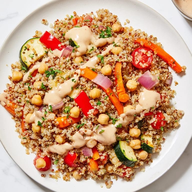 Enjoy a healthy quinoa power salad, a vibrant mix of grains, veggies, and dressing, easily made for lunch.