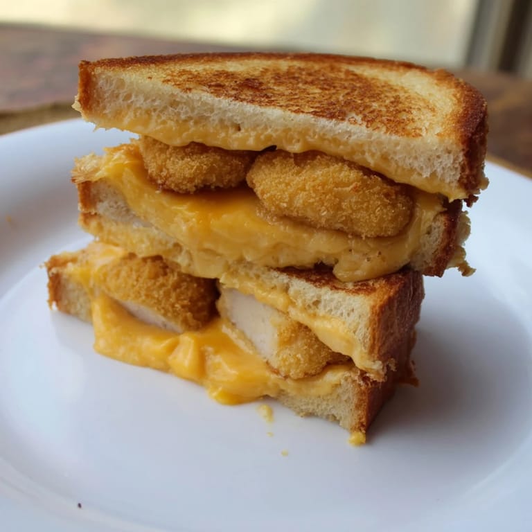 Warm, cheesy Chicken Nugget Grilled Cheese with visible, golden-brown toasted bread and appealing textures.