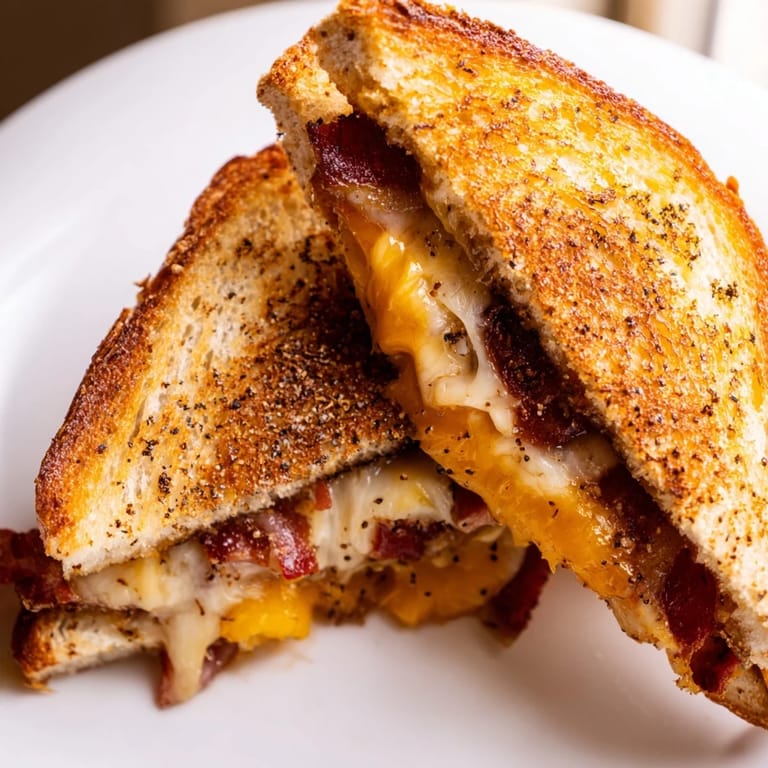 Savory Crispy Bacon Cheddar Grilled Cheese, perfectly grilled with melted cheese flowing out, ready to eat.