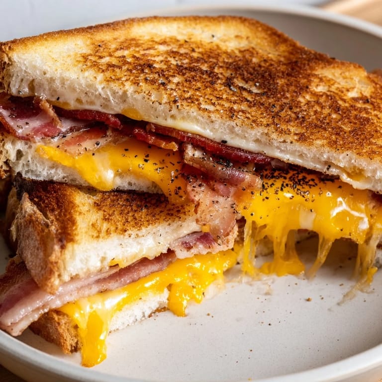 Close-up of a warm, cheesy Crispy Bacon Cheddar Grilled Cheese, showcasing bacon in between crunchy bread.