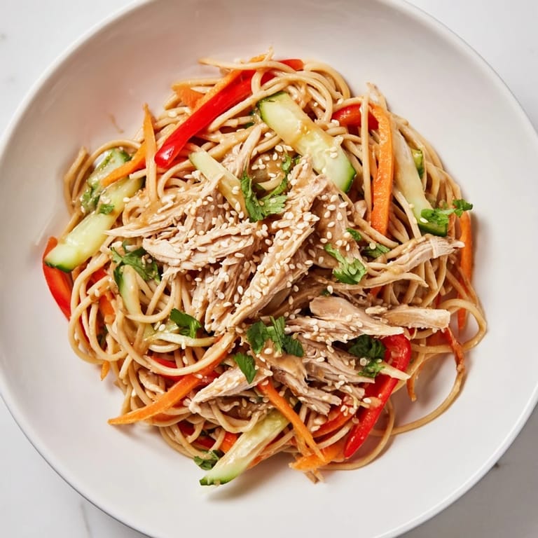This delightful chilled chicken noodle salad features tender chicken, vibrant vegetables and toasted sesame seeds.